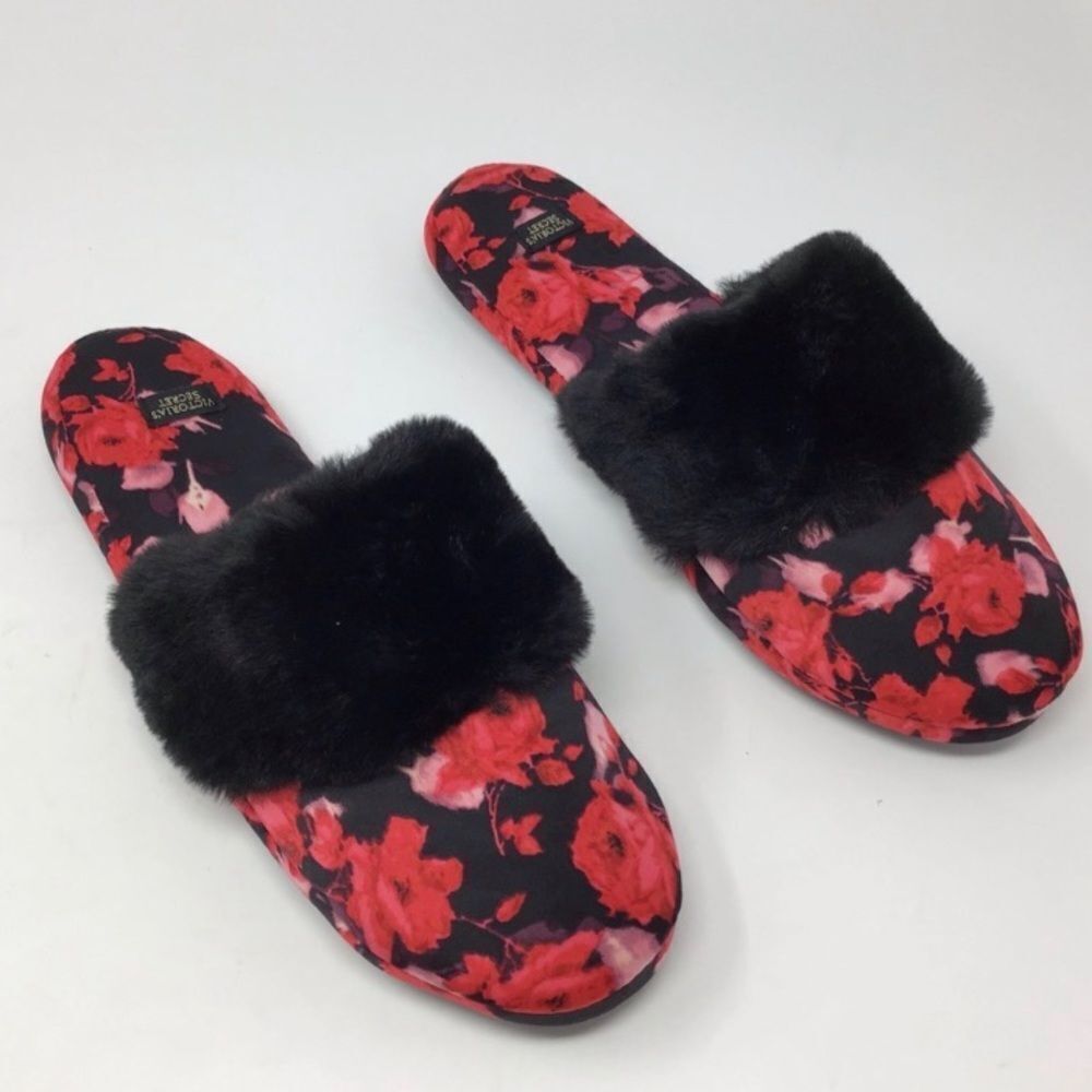 VICTORIA’S Secret Signature Satin Rose Slippers With Faux Fur Size Small - Picture 4 of 9